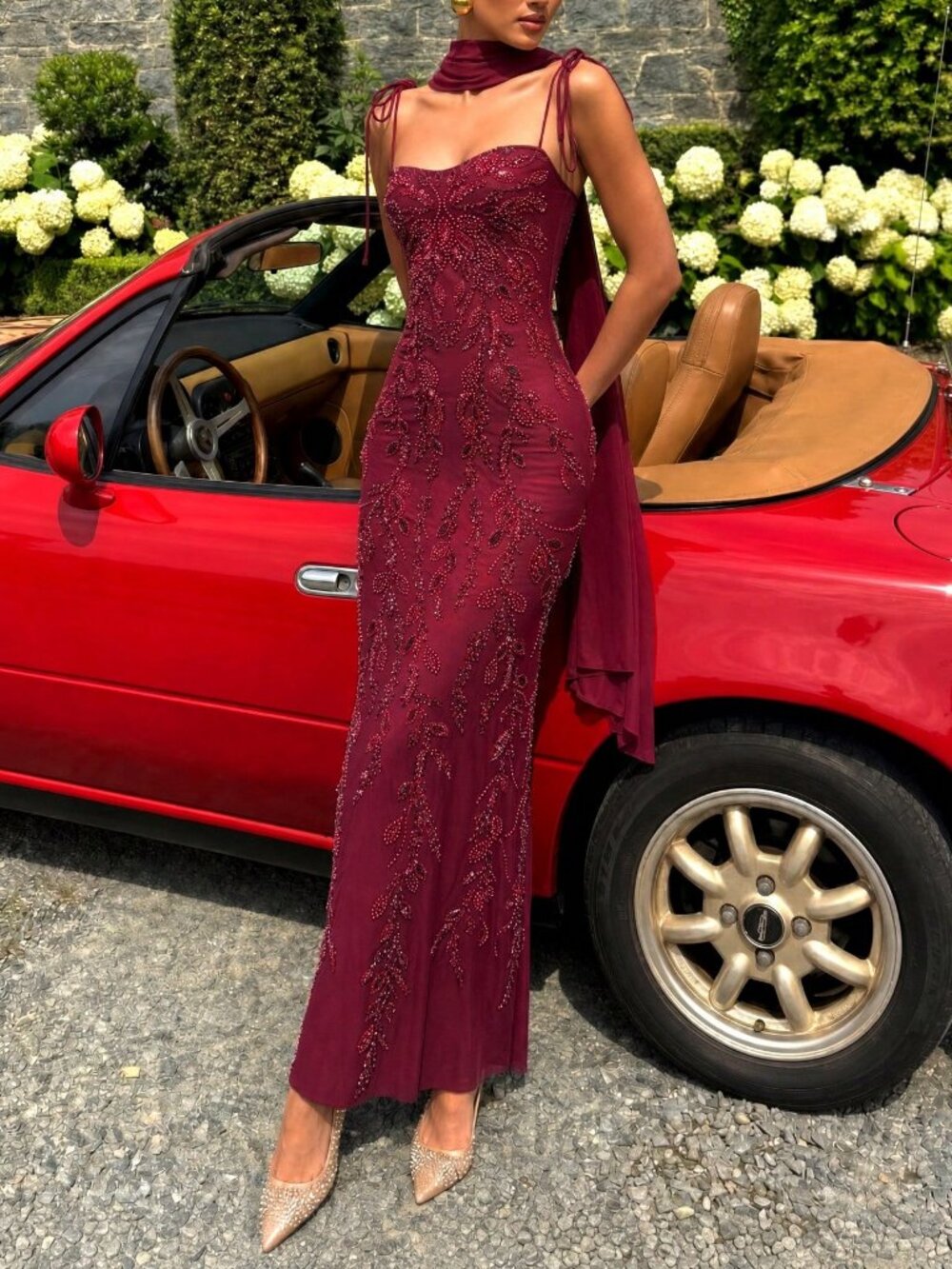 Burgundy Elegant Women's Sequin Beaded Spaghetti Strap Maxi Dress